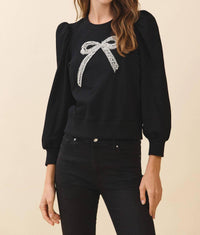 TCEC Front Crystal Embellished Bow Detail Sweatshirt in black - women's top