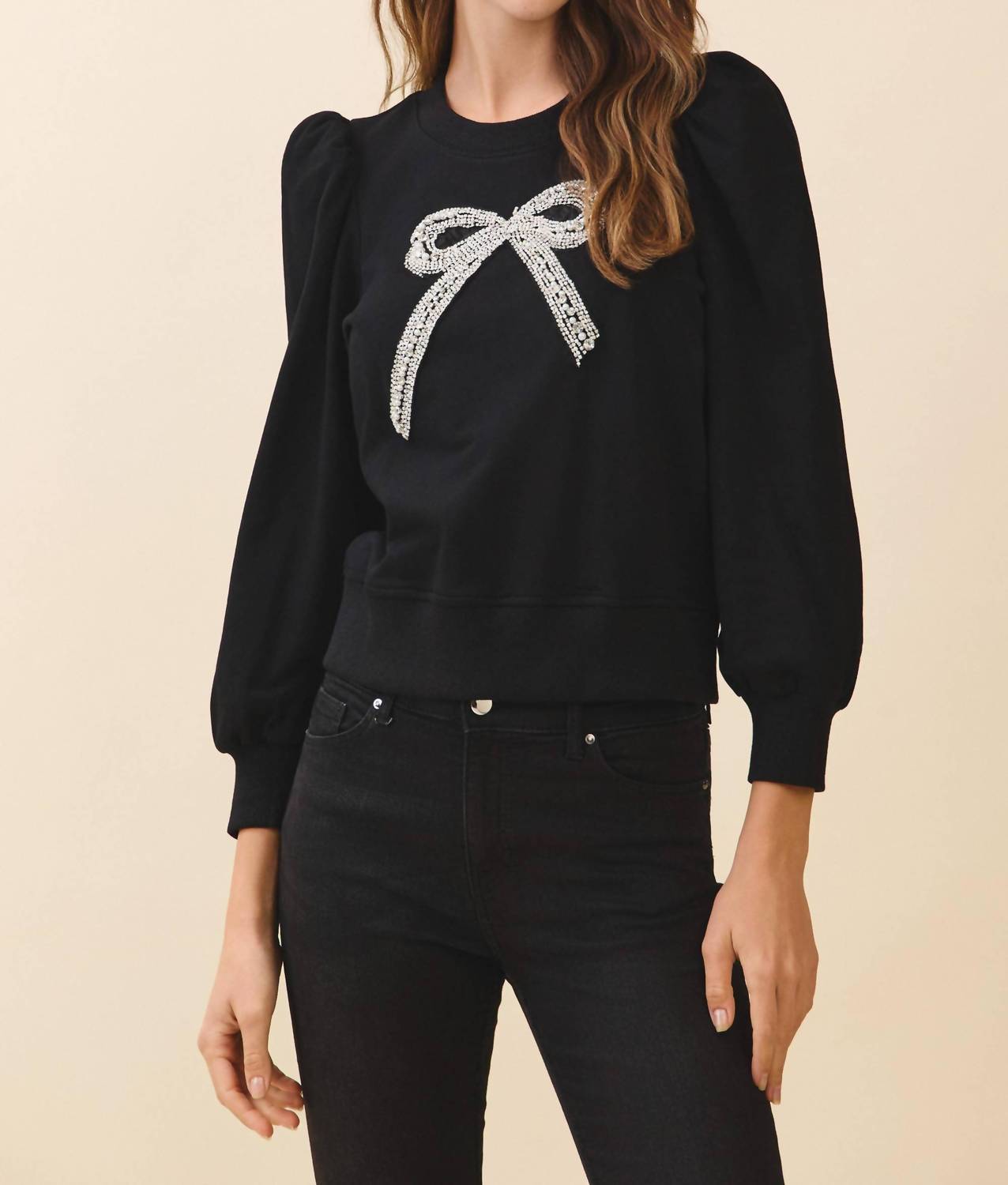 TCEC Front Crystal Embellished Bow Detail Sweatshirt in black - women's top