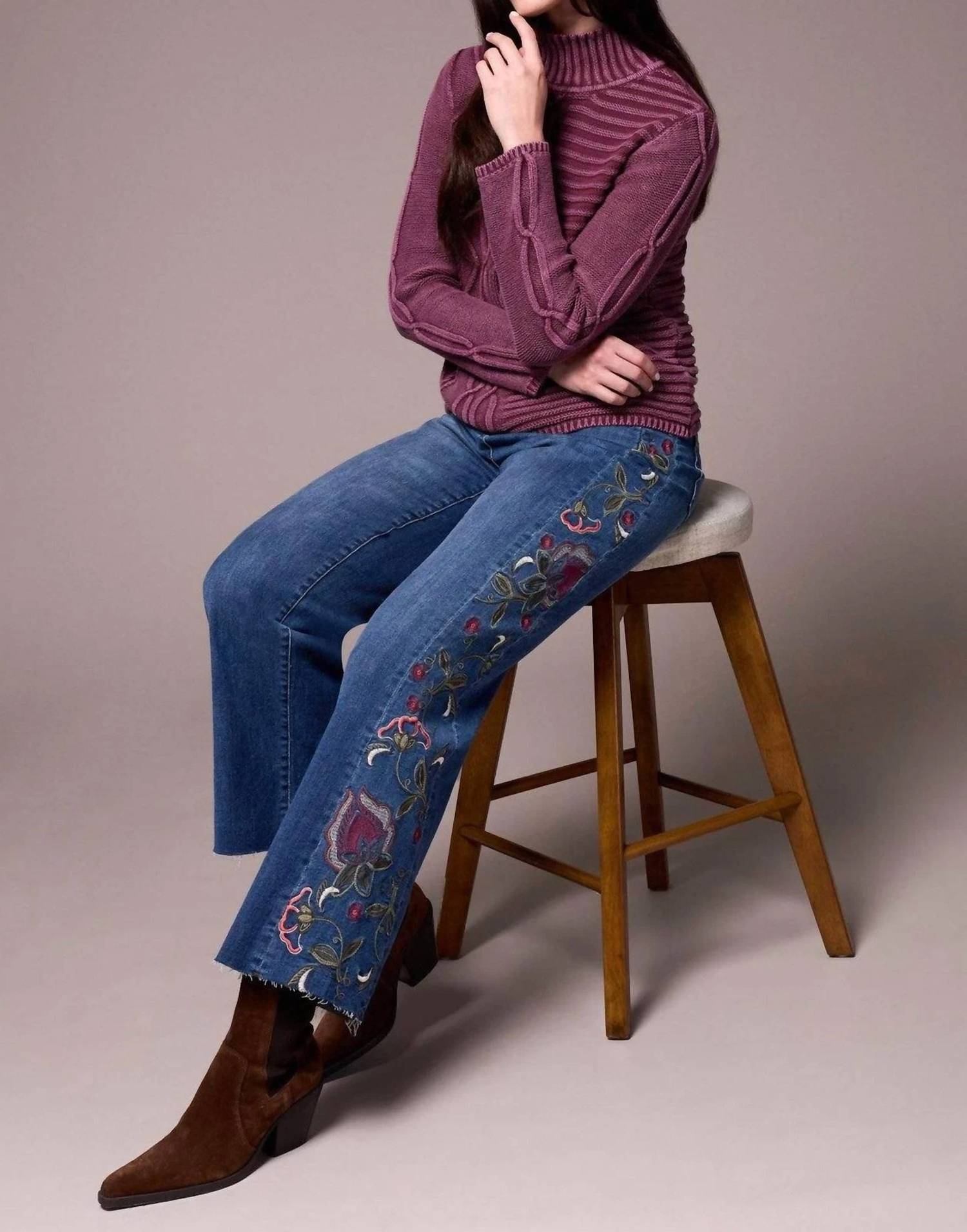 TRIBAL Acid Wash Mock Neck Sweater in passion plum - women's sweater - detail view