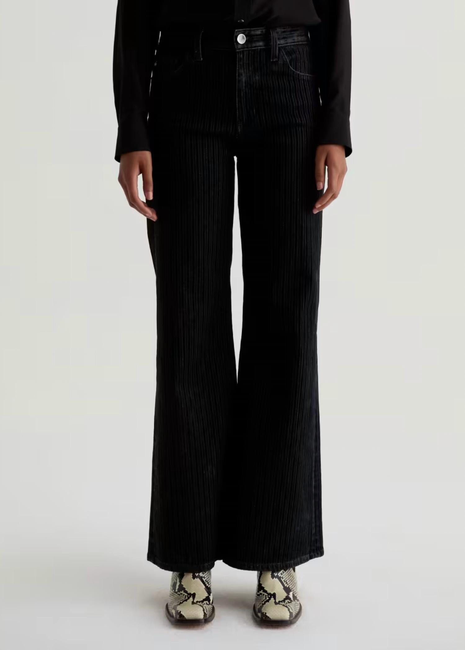 AG Jeans Saige Mid Rise Wide Leg Flocked Stripe Jean in dress it up - women's jeans