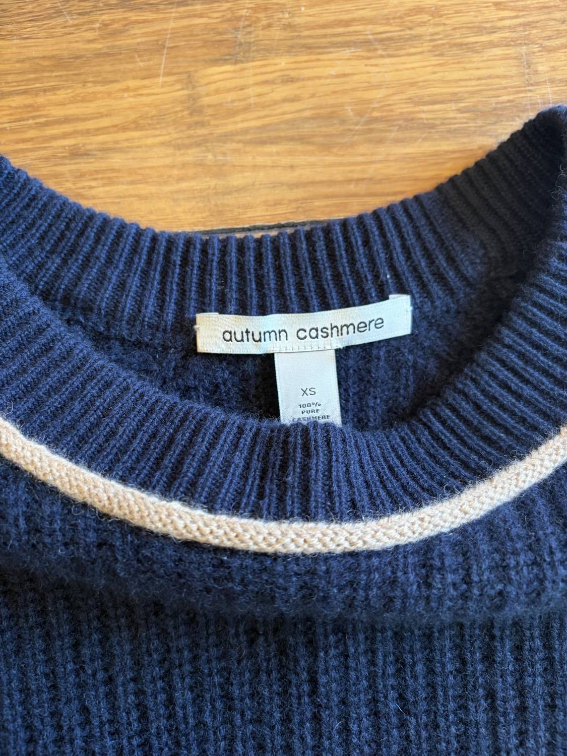 Autumn Cashmere Women's Shaker Crew Sweater with Contrast Stitching in navy combo - women's sweater - detail view