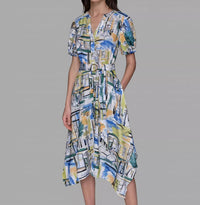 KARL LAGERFELD Printed Paris Scene Be Palace Dress in blue citrus green multi - women's dress - detail view
