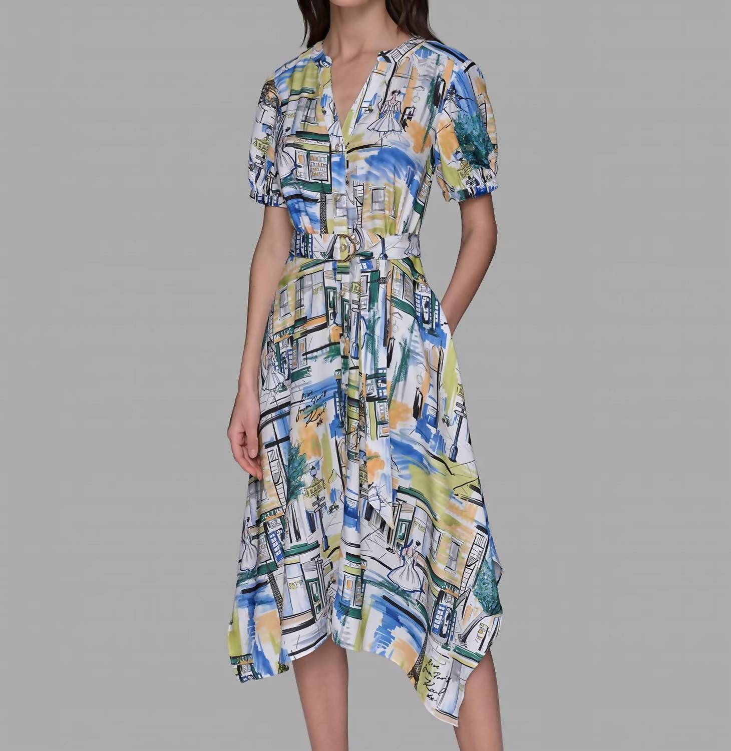 KARL LAGERFELD Printed Paris Scene Be Palace Dress in blue citrus green multi - women's dress - detail view