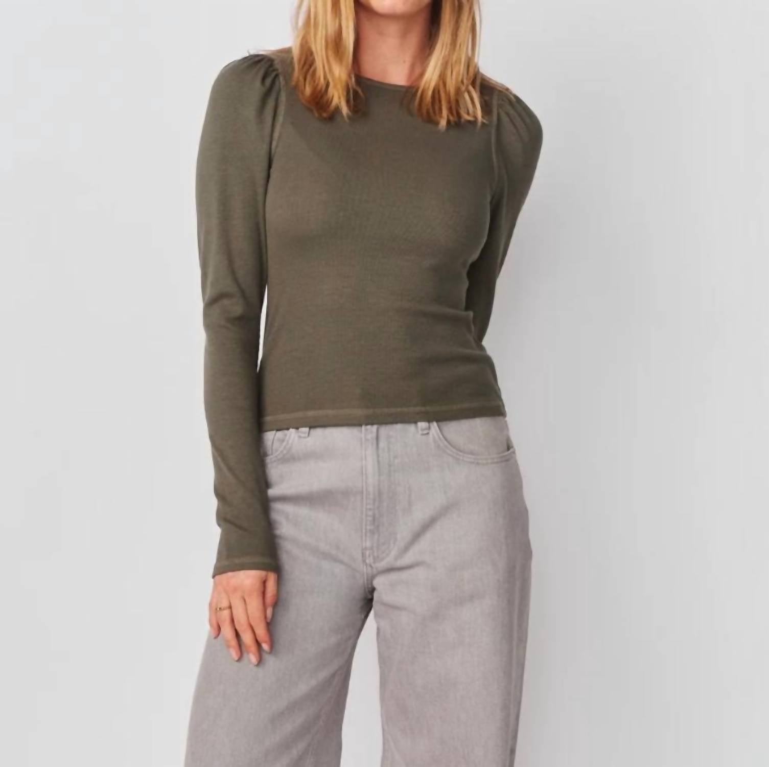 Sundry Puff Sleeve Top in signature green - women's long sleeve top - detail view