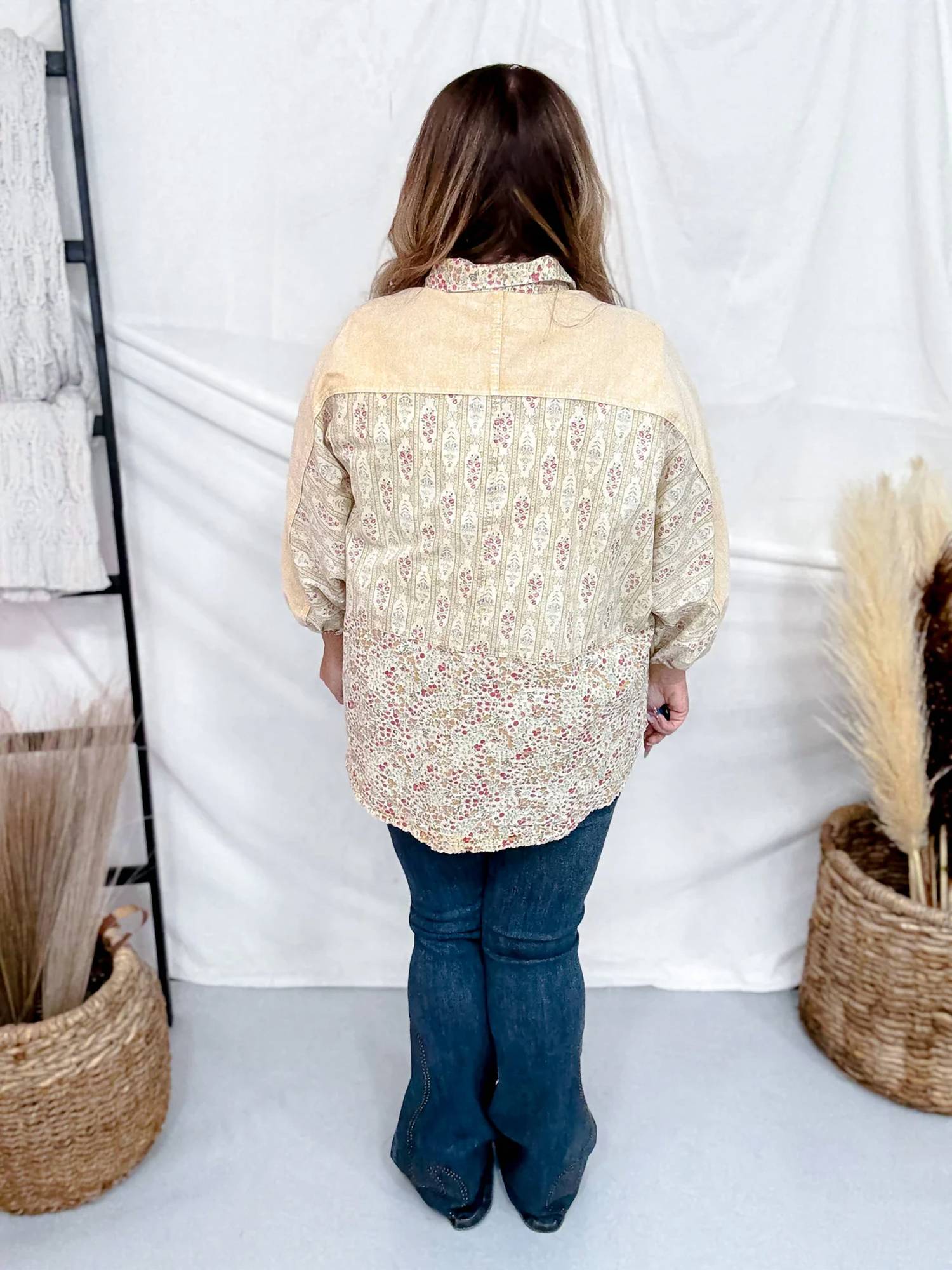 Easel - Mineral Washed Patchwork Floral Print Button Down Top