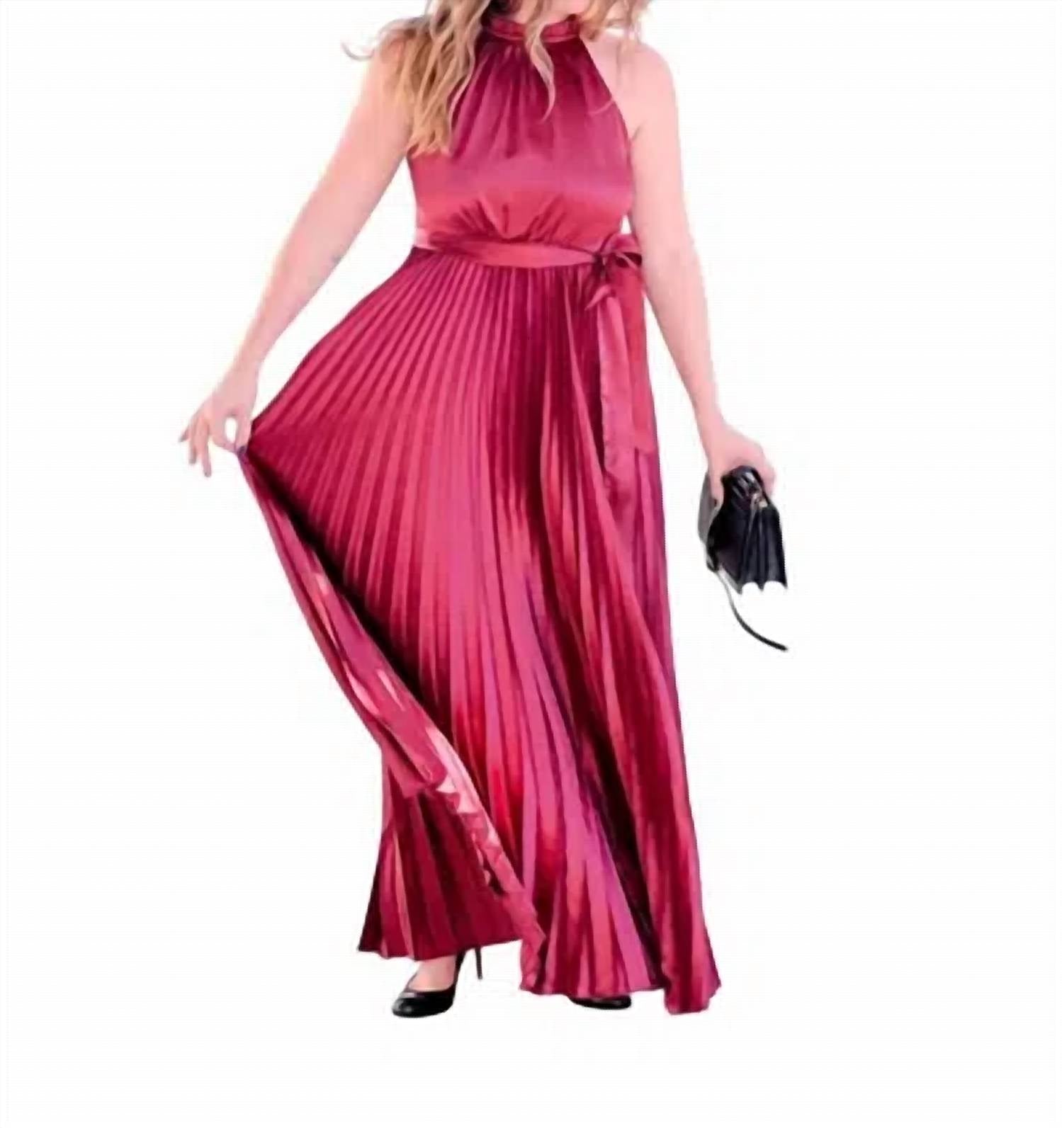KLd. Signature Pleated Halter Maxi Dress in wine - women's dress