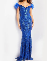 JOVANI Sequin Off The Shoulder Dress in royal - women's dress