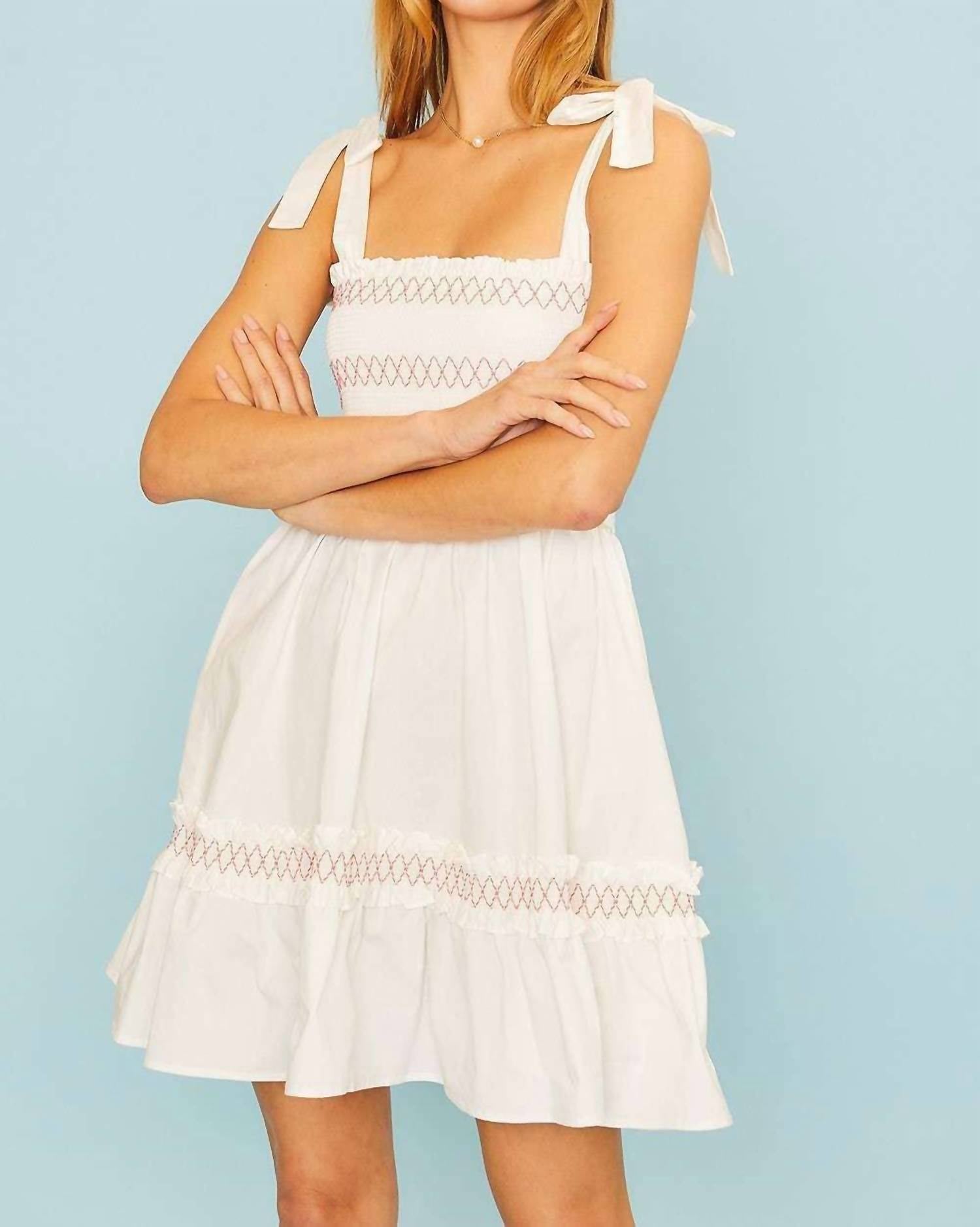 Main Strip - Shoulder Tie Top Smocking Shirring Mini Dress