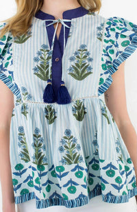 Thml - Got The Blues Flutter Sleeve Floral Tassel Tie Top