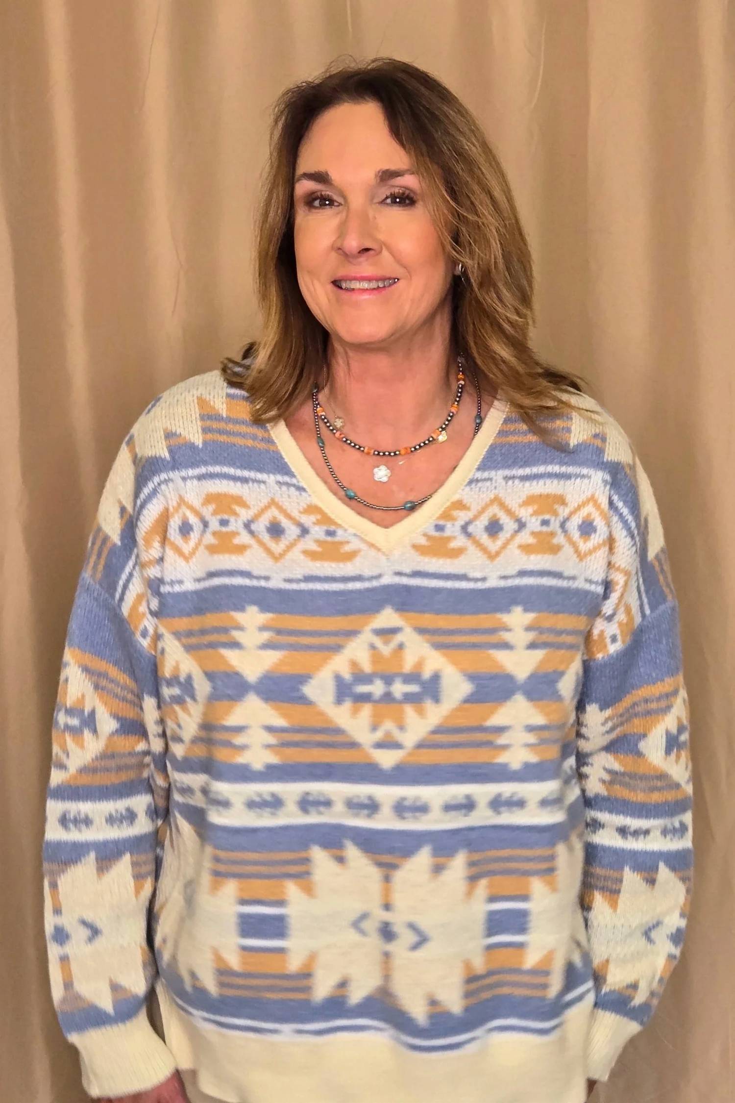 Main Strip - Southwestern V-neck Knit Sweater