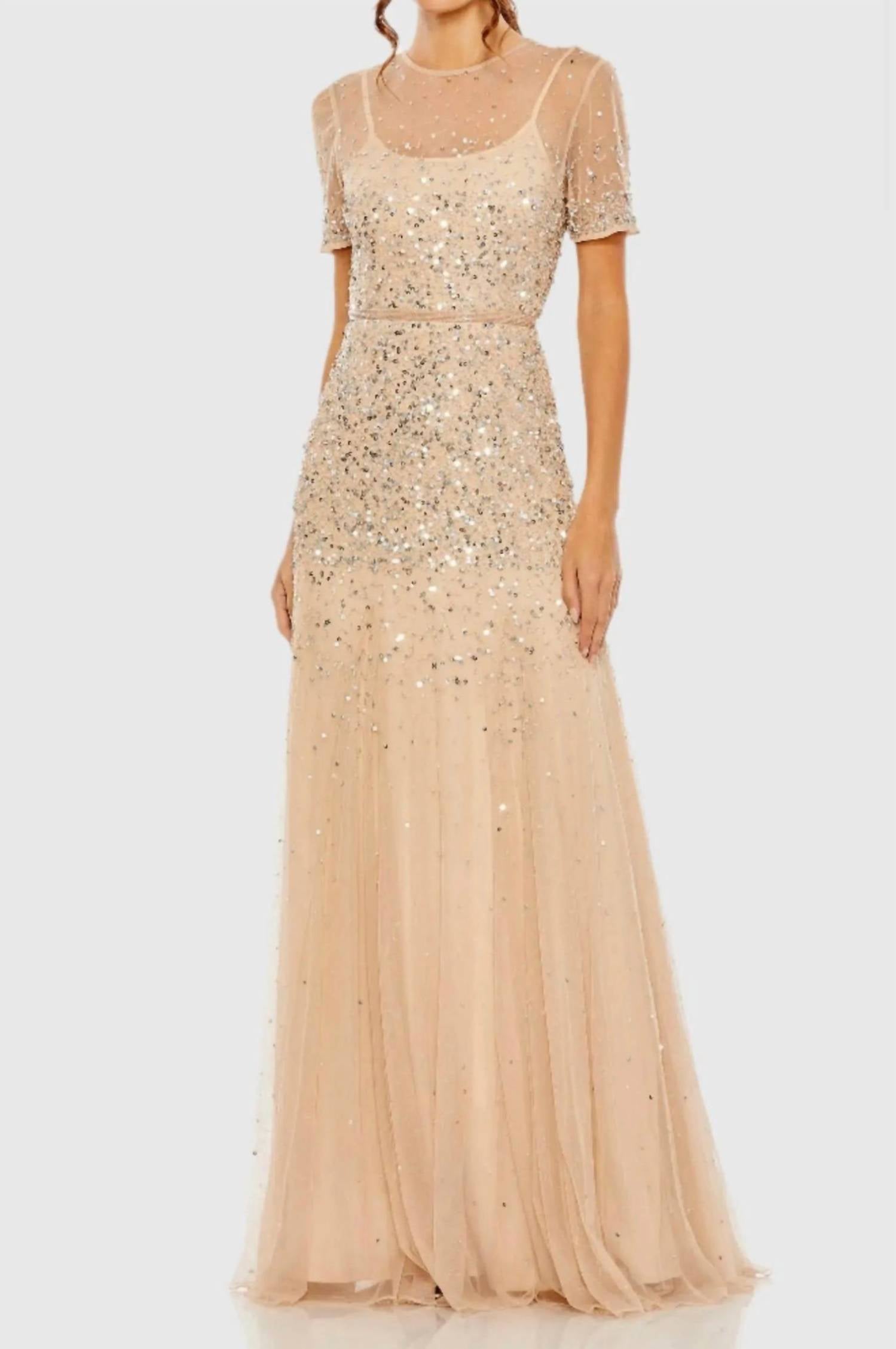 Mac Duggal - High Neck Short Sleeve Sequin Embellished Dress