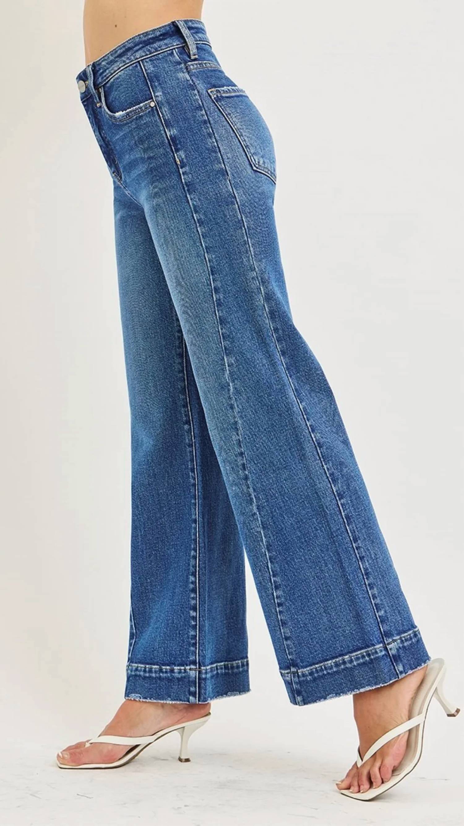 Risen - High Rise Tummy Control Wide Leg Full Length Jeans
