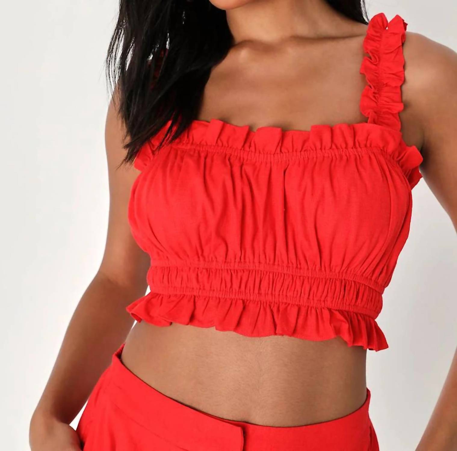 Lulus - Hotter Temps Linen Ruffled Two-piece Romper Set