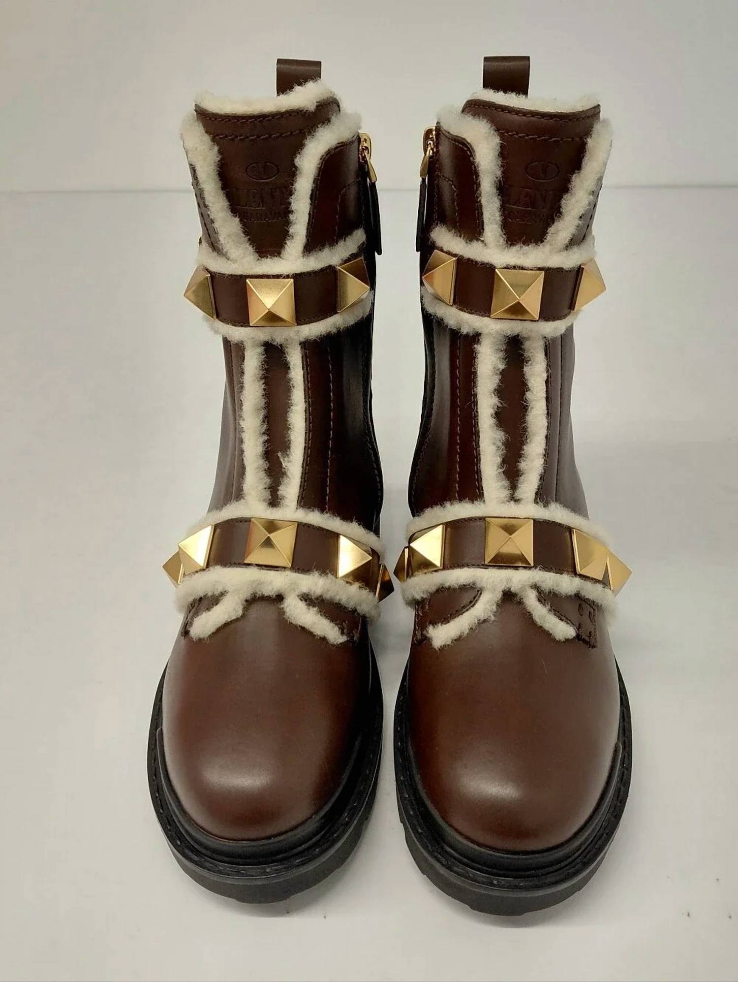 Valentino Garavani - Women's Roman Stud Leather & Shearling Combat Boots