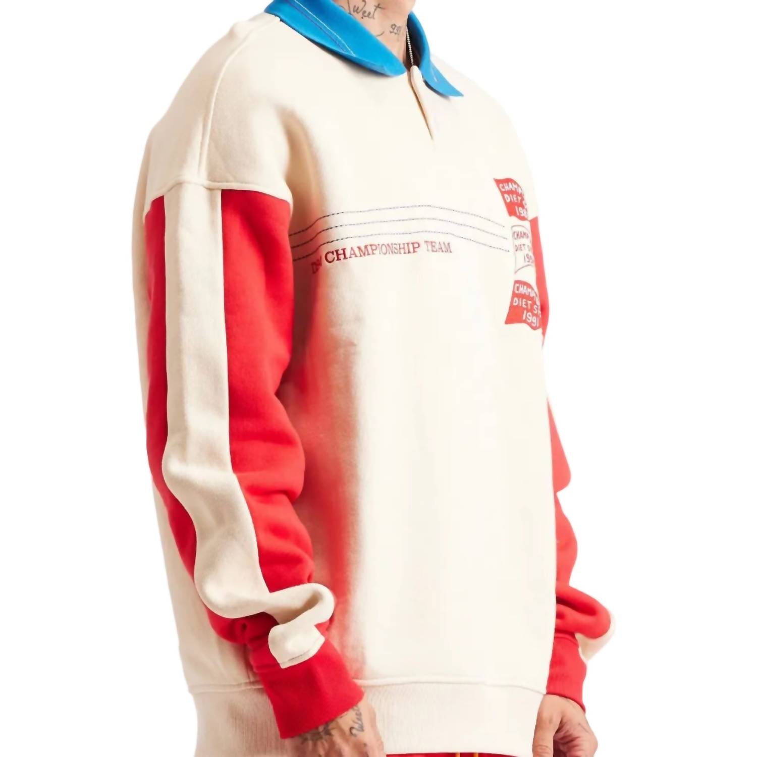 Diet Starts Monday Champion Sport Pullover in antique white red - men's shirt - detail view