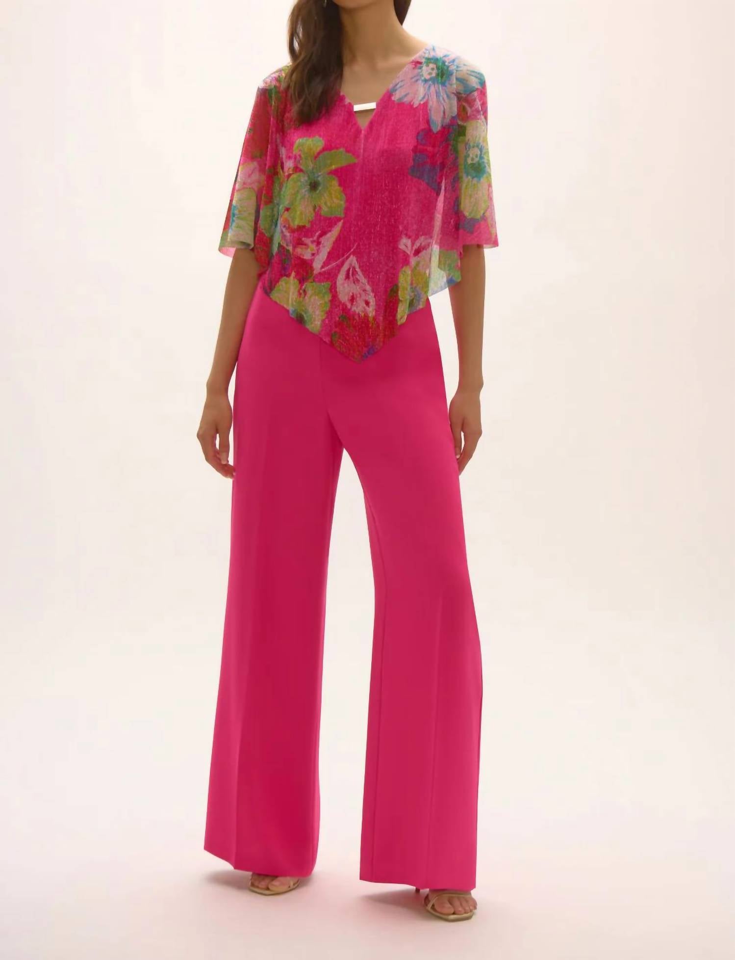 Joseph Ribkoff - Floral Print Pleated Knit Poncho Top