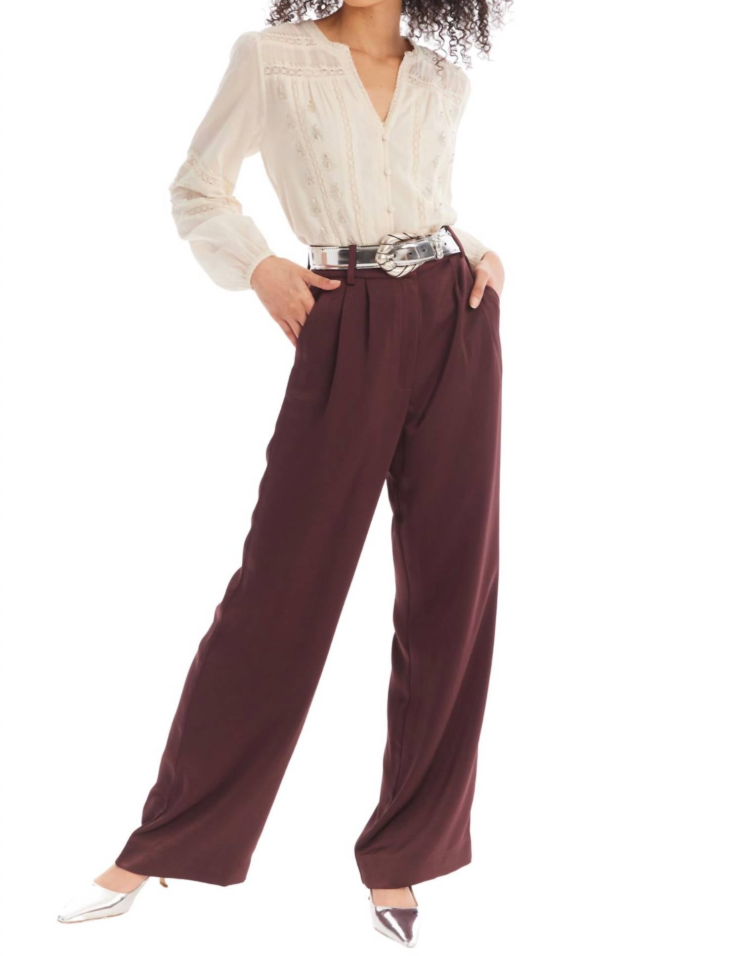 ALLISON NEW YORK JOAN SATIN PANTS in chocolate - women's pants - detail view