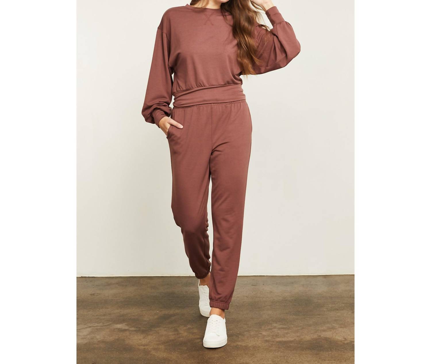 Gentle Fawn Ava Cropped Crewneck Top in auburn - women's sweater - detail view
