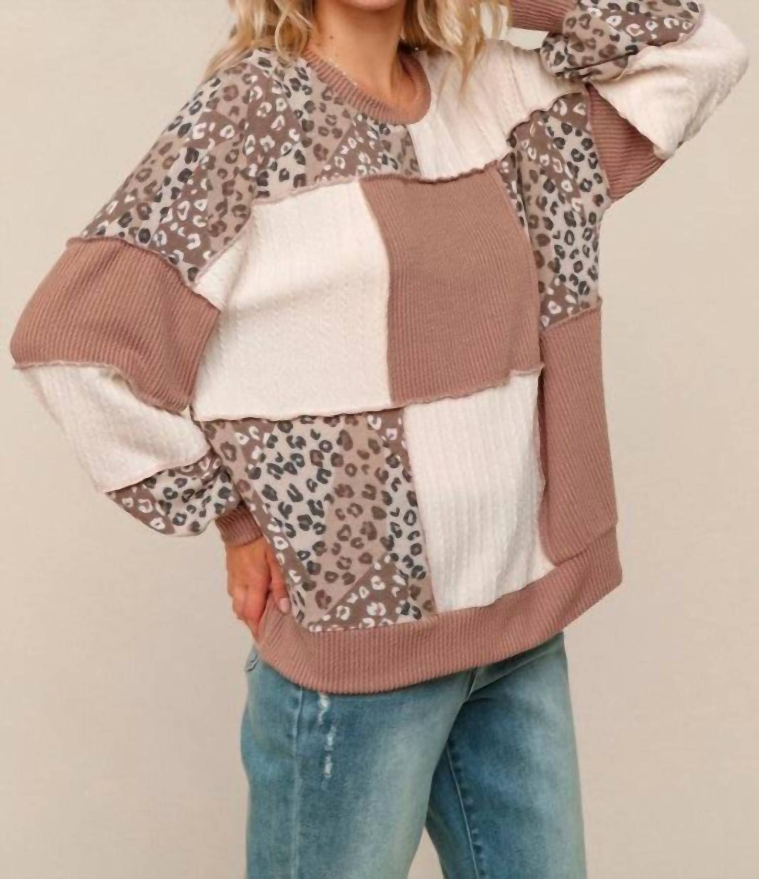 1 The Woman Rib Cable Knit Leopard Pullover Knit Top in rust - women's sweater - detail view