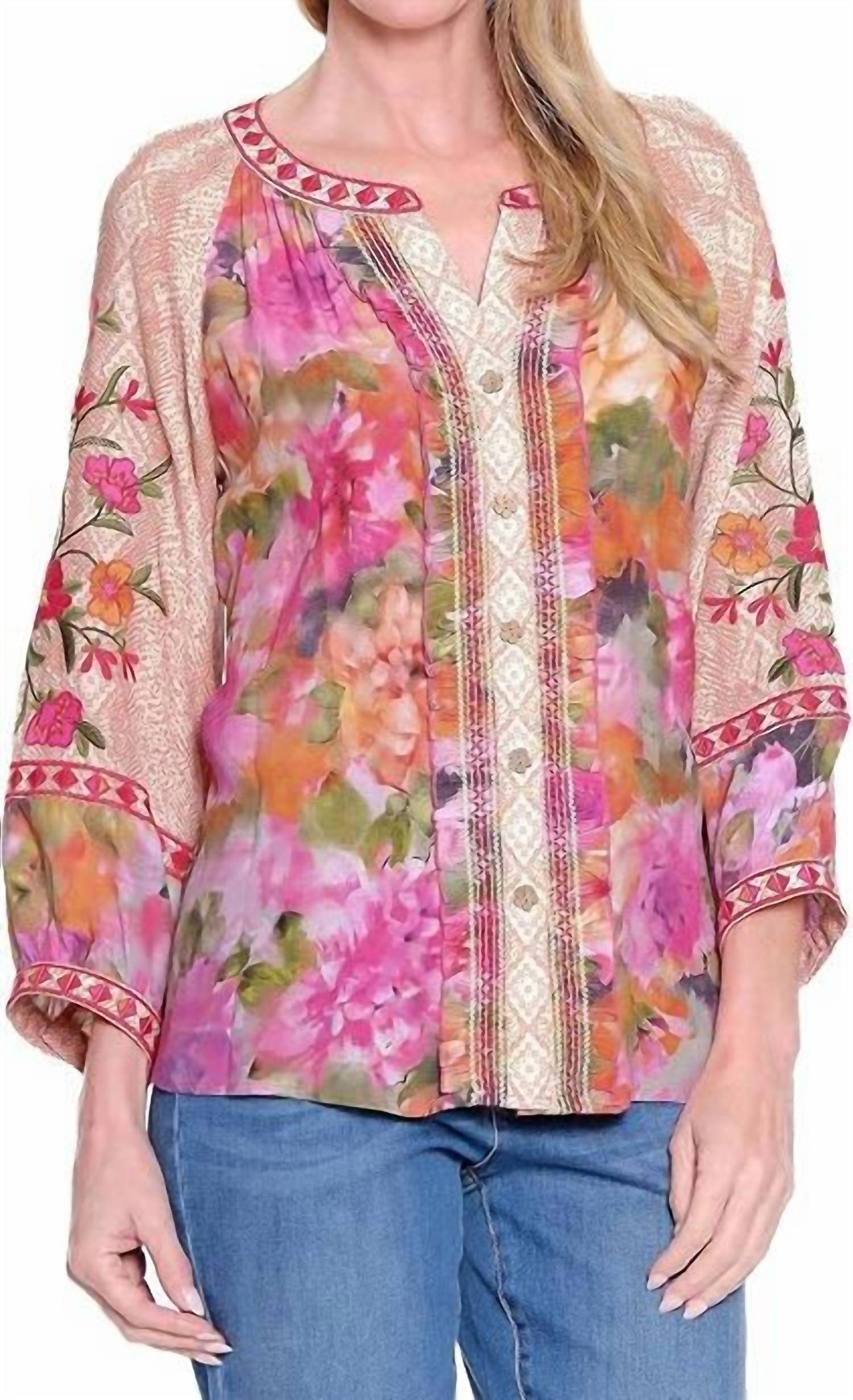 John Mark - Printed Button Front Split Neck Top