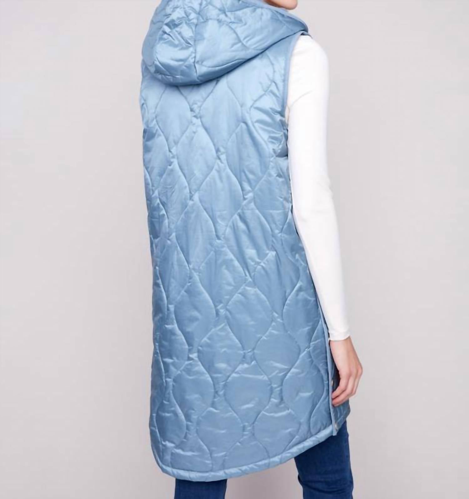 CHARLIE B Pearlized Long Vest in oxford blue - women's jacket - detail view