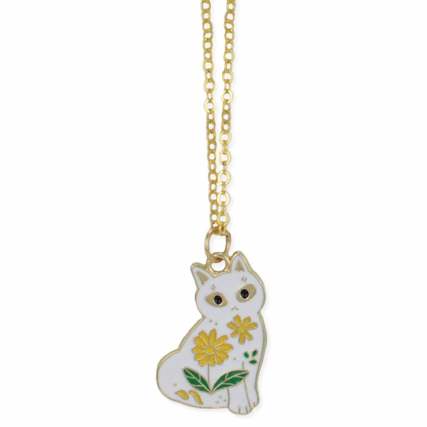 Zad - Women's Sitting Pretty Floral Cat Enamel Pendant Necklace