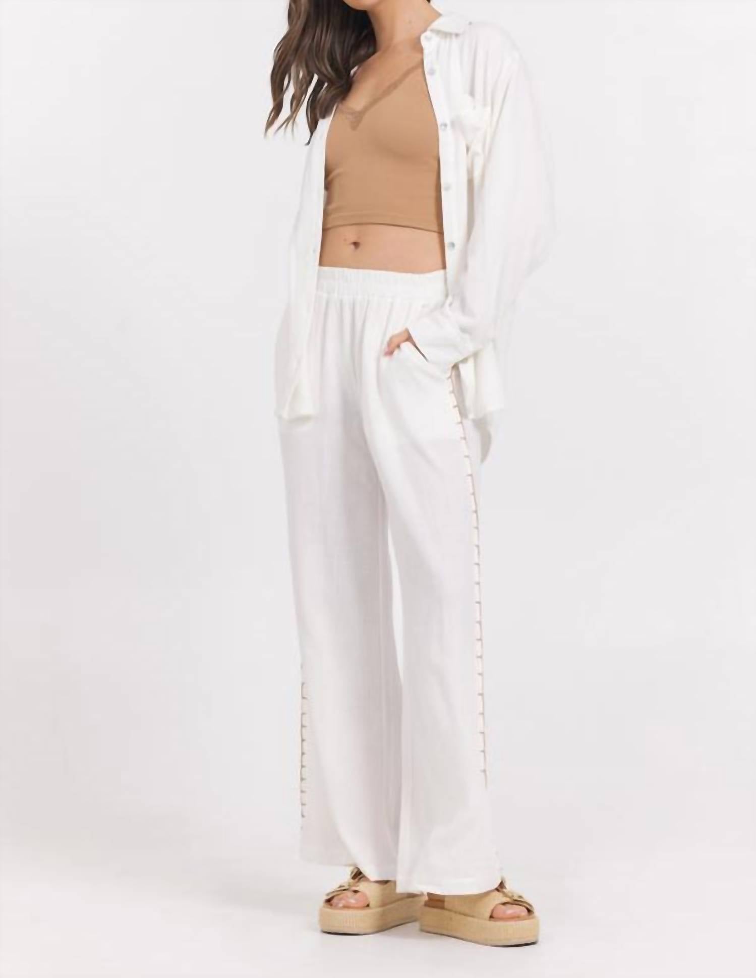 Vintage Havana - Washed Linen Wide Leg Pants With Whip Stitch