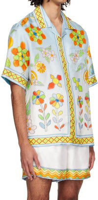 Casablanca Yoruba Flowers Silk Twill Shirt in blue multi - men's shirt - detail view