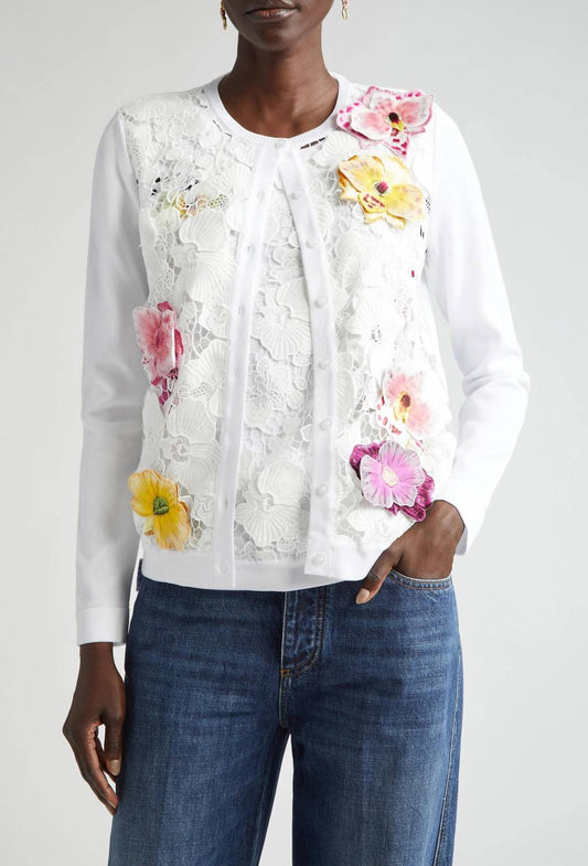 Oscar De La Renta - Long Sleeve Orchid Threadwork Embroidered Lace Cardigan