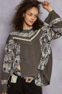 Pol - High Neck Printed Contrast Stud Shirt Top