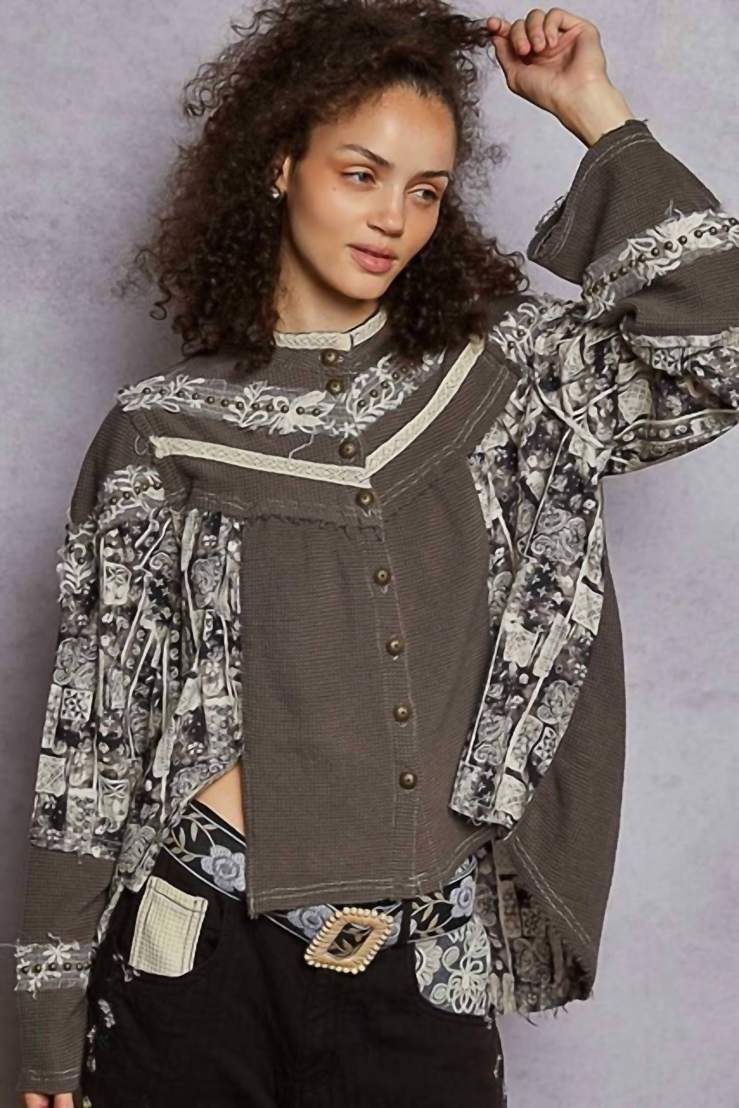 Pol - High Neck Printed Contrast Stud Shirt Top