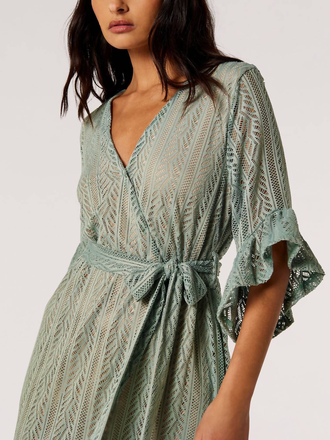 Apricot - Lace Ruffle Wrap Midi Dress