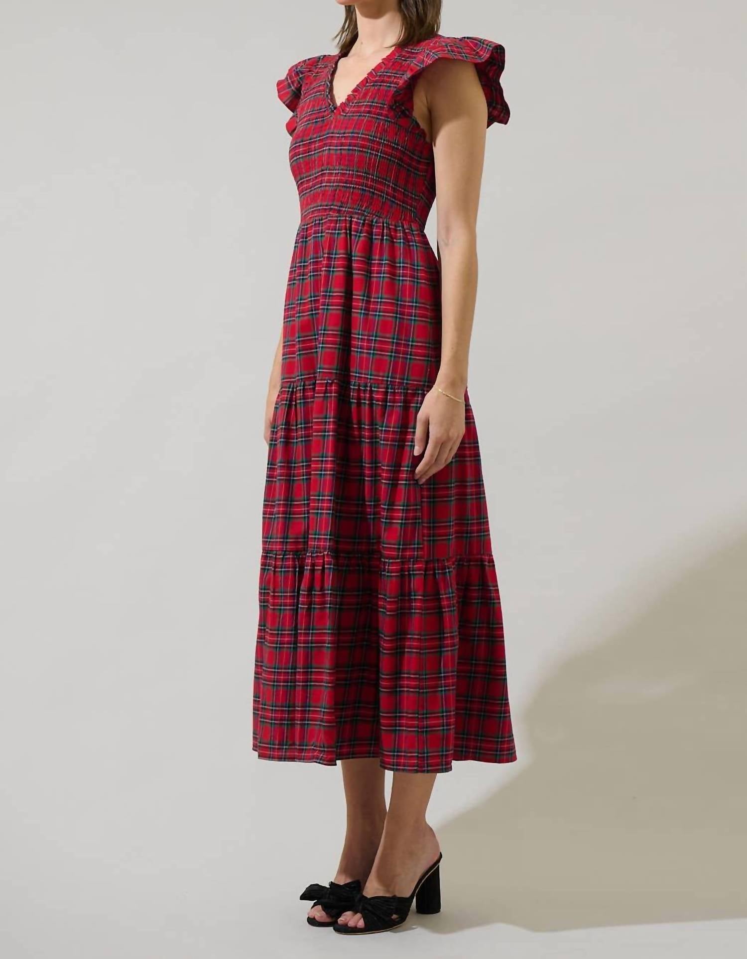 Sugarlips - Yuletide Plaid Smocked Tiered Midi Dress