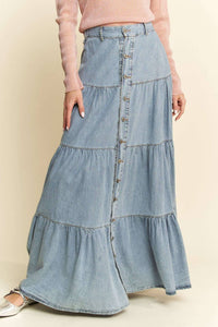 Davi & Dani - Button Front Ruffle Hem Maxi Skirt