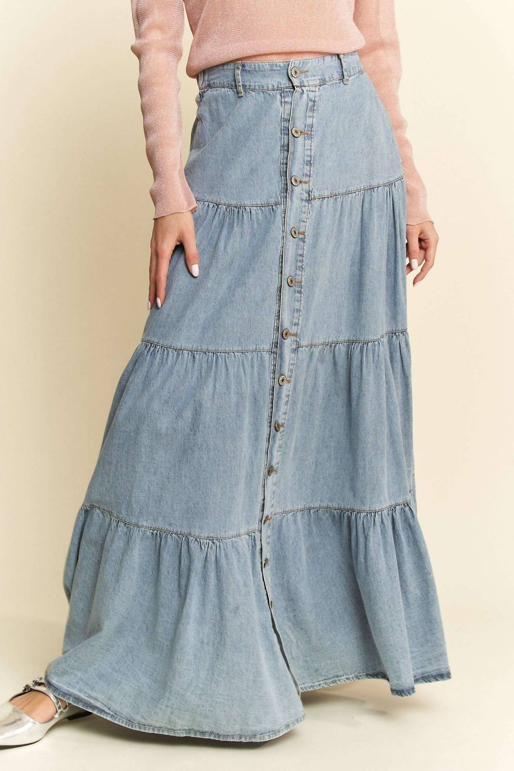 Davi & Dani - Button Front Ruffle Hem Maxi Skirt