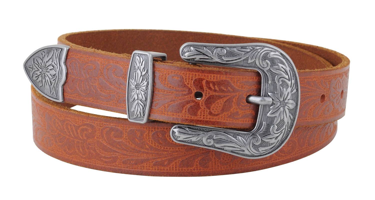most wanted Men's Western Tooled Vintage Buckle Leather Belt in tan - men's accessory