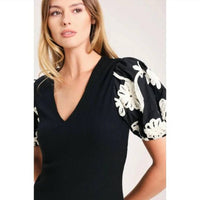 Flying Tomato - Ribbed Top With Embroidered Puff Sleeves