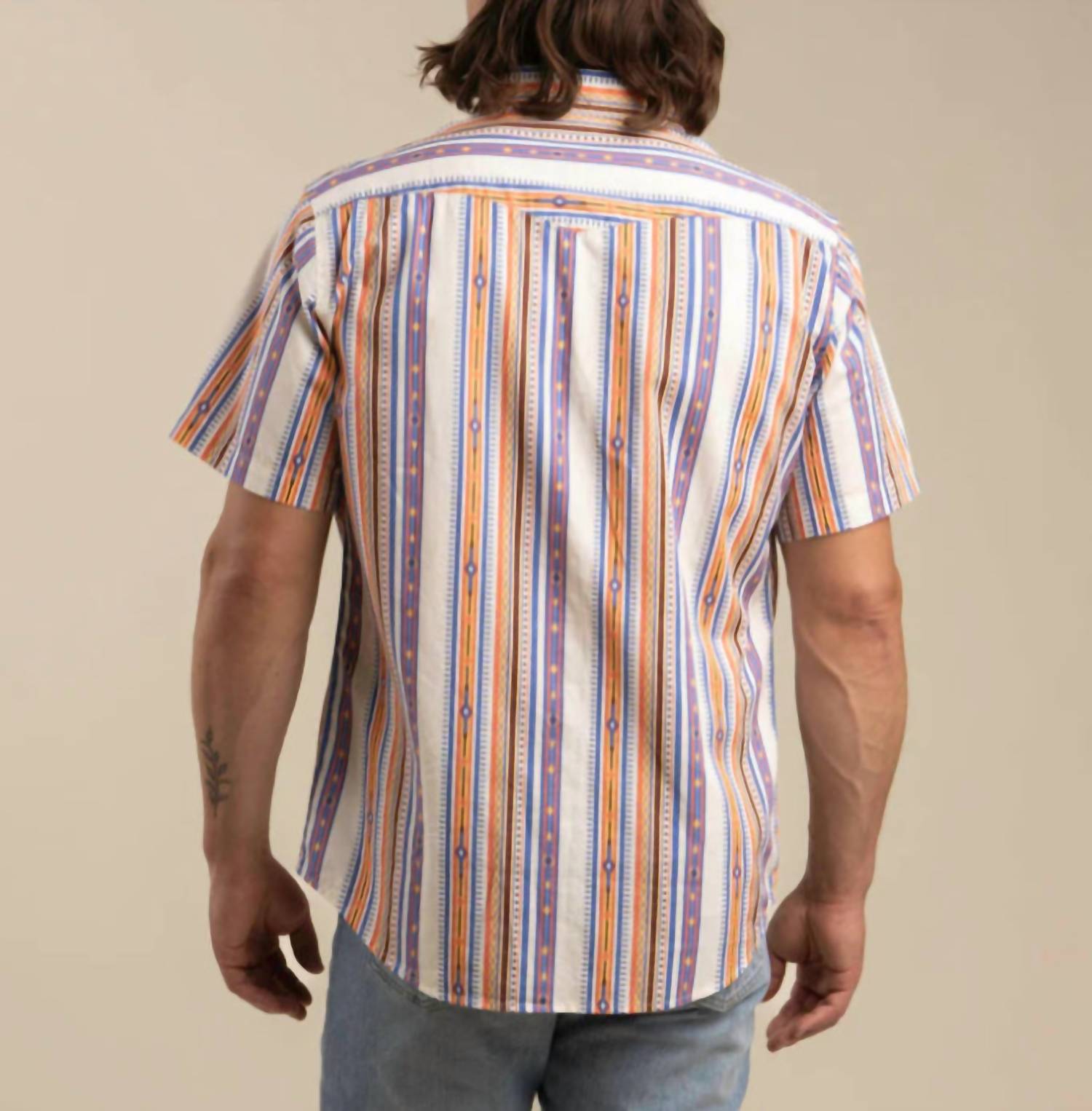 Sendero Provisions Co. Serape Pearl Snap Short Sleeve Shirt in cobalt - men's t-shirt - detail view