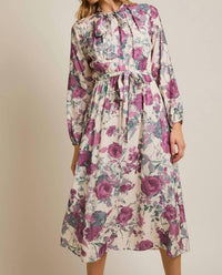 Gilli - Front Bow Tie Long Sleeve Print Midi Dress