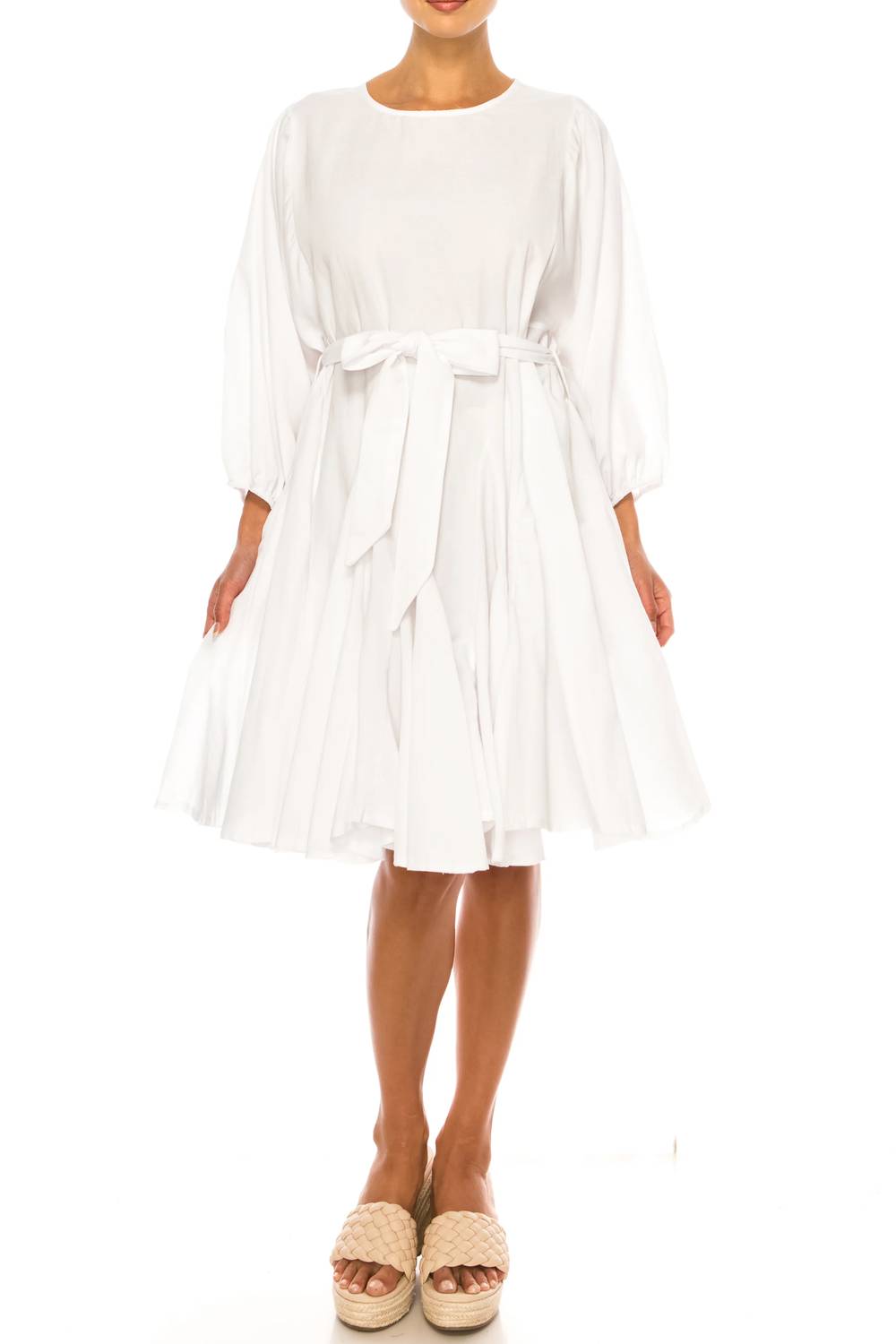 Vivid - Long Sleeve Belted Godet Skirt Flared Dress