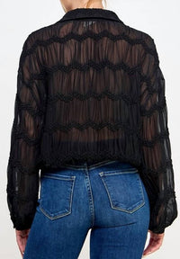 Allie Rose - Ruched Long Sleeve Sheer Blouse
