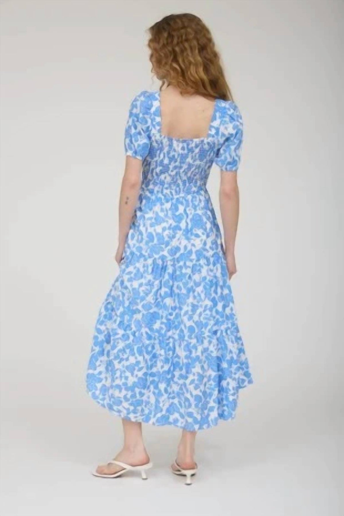 August Sky - Floral Puff Sleeve Smocked Tiered Midi Dress