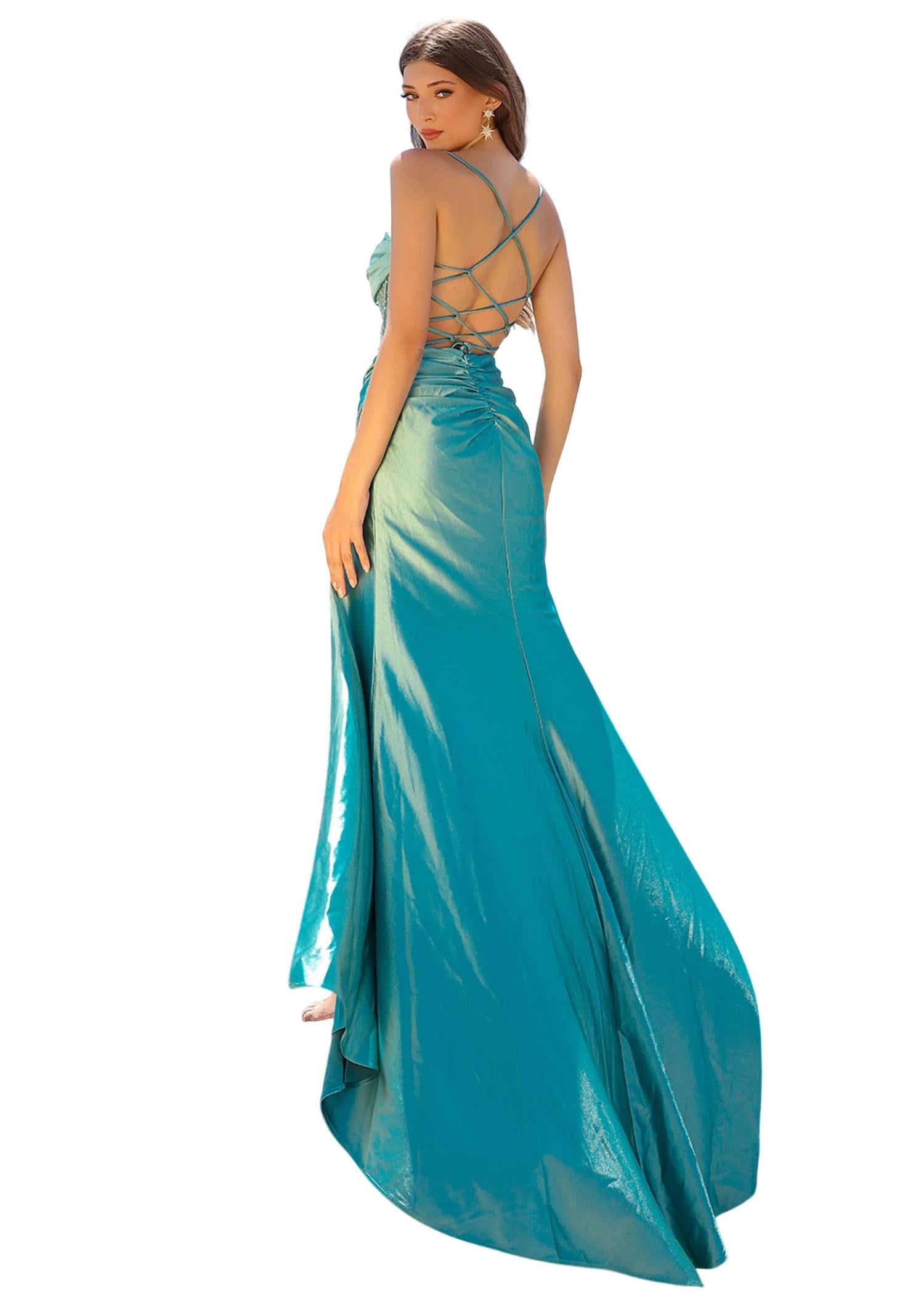 Amelia Couture - Long Fitted Sheer Bodice High Slit Dress