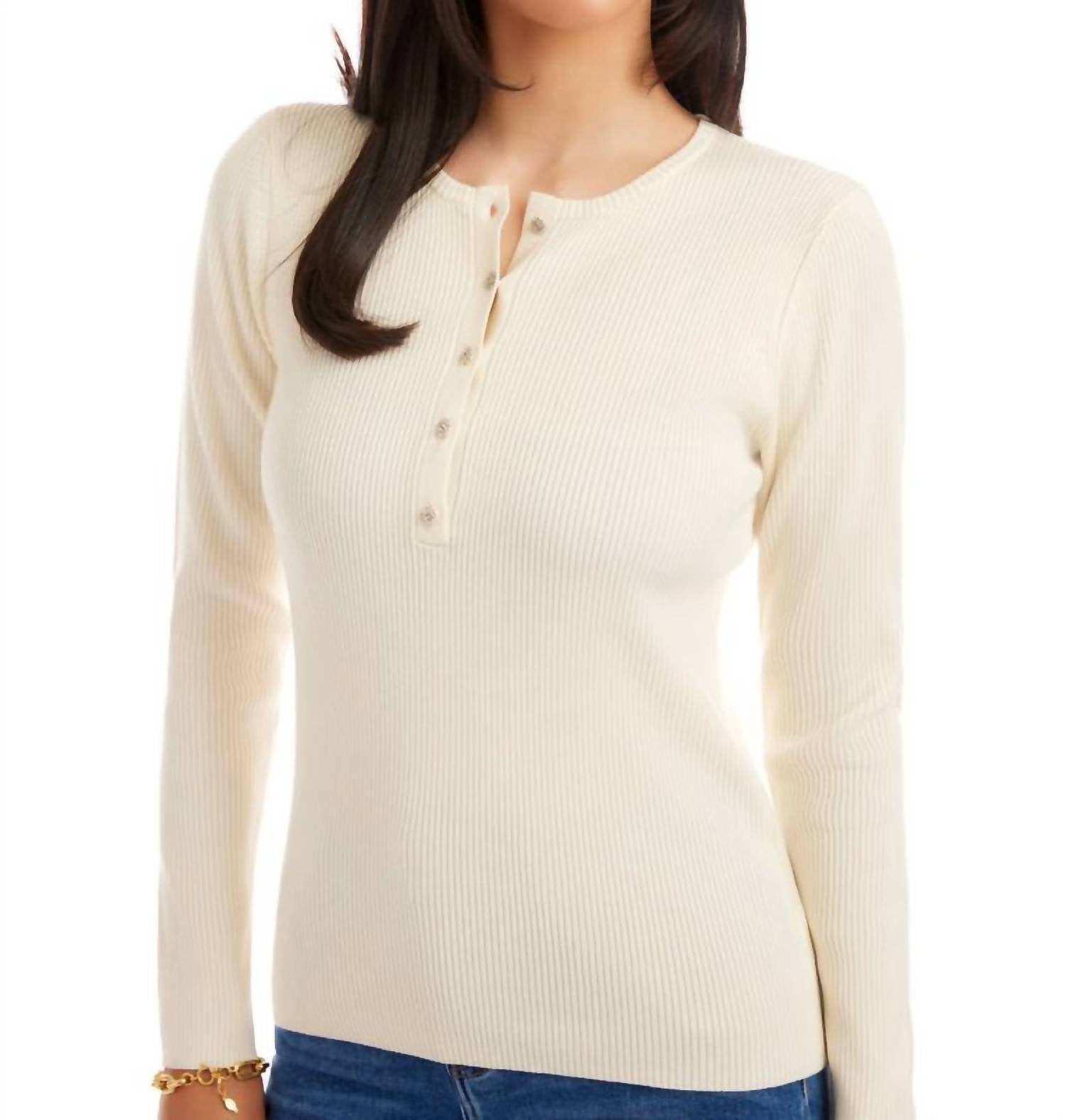 Karen Kane Henley Ribbed Crewneck Sweater in cream - women's sweater - view 4