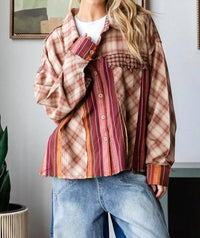 Oli & Hali - Washed Plaid & Stripe Mix Shacket Top