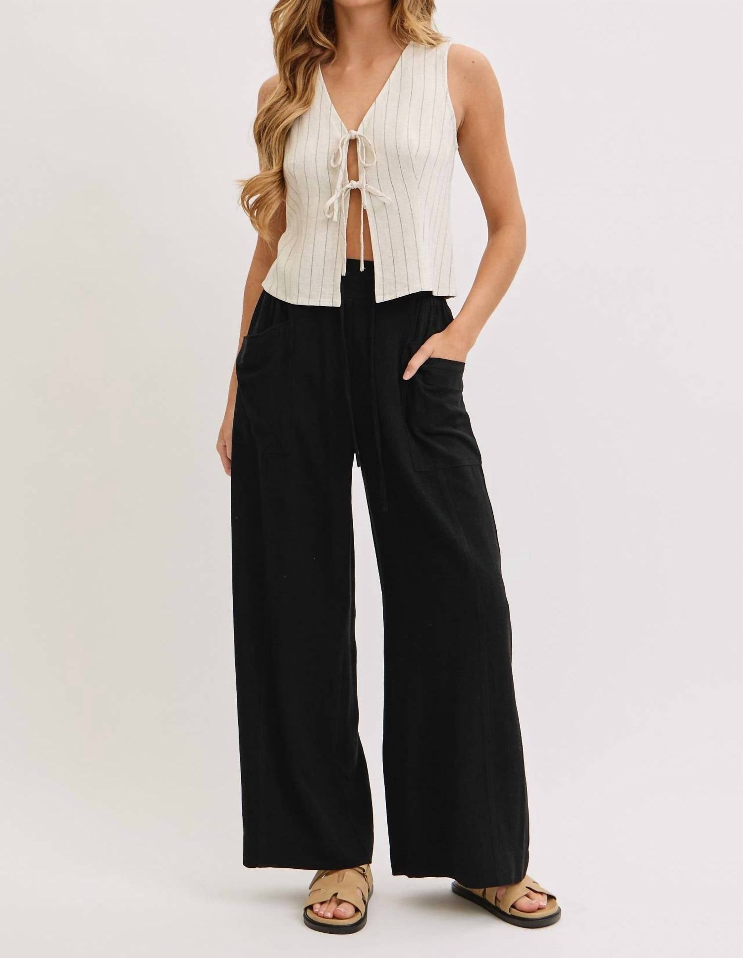 Sweet Lovely By Jen - Wide Leg Drawstring Pants With Pockets