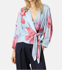 Karmamia Elena Wrap Blouse in fuchsia maxi flower - women's blouse - detail view