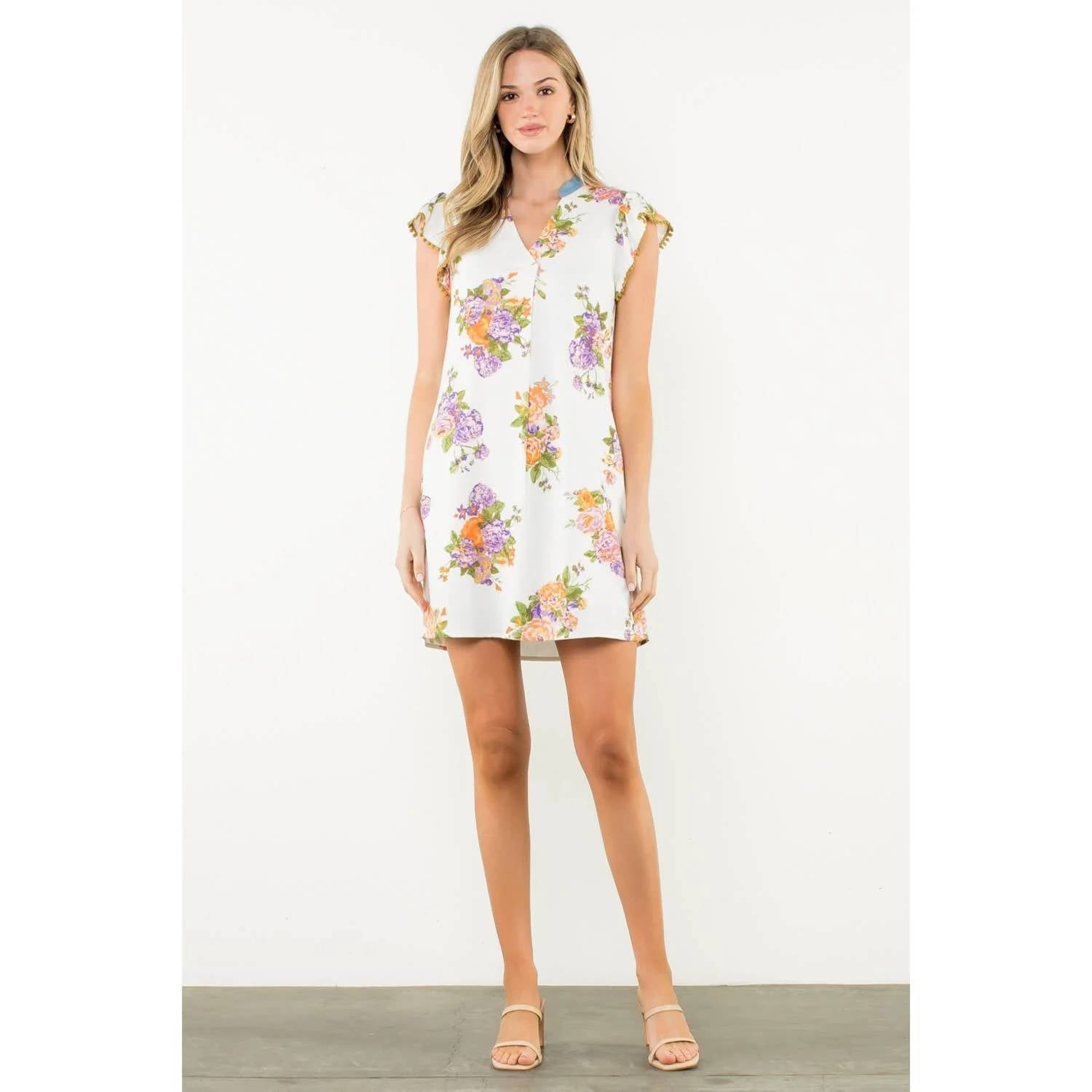 Thml - Floral Flutter Sleeve Mini Dress With Pom Trim
