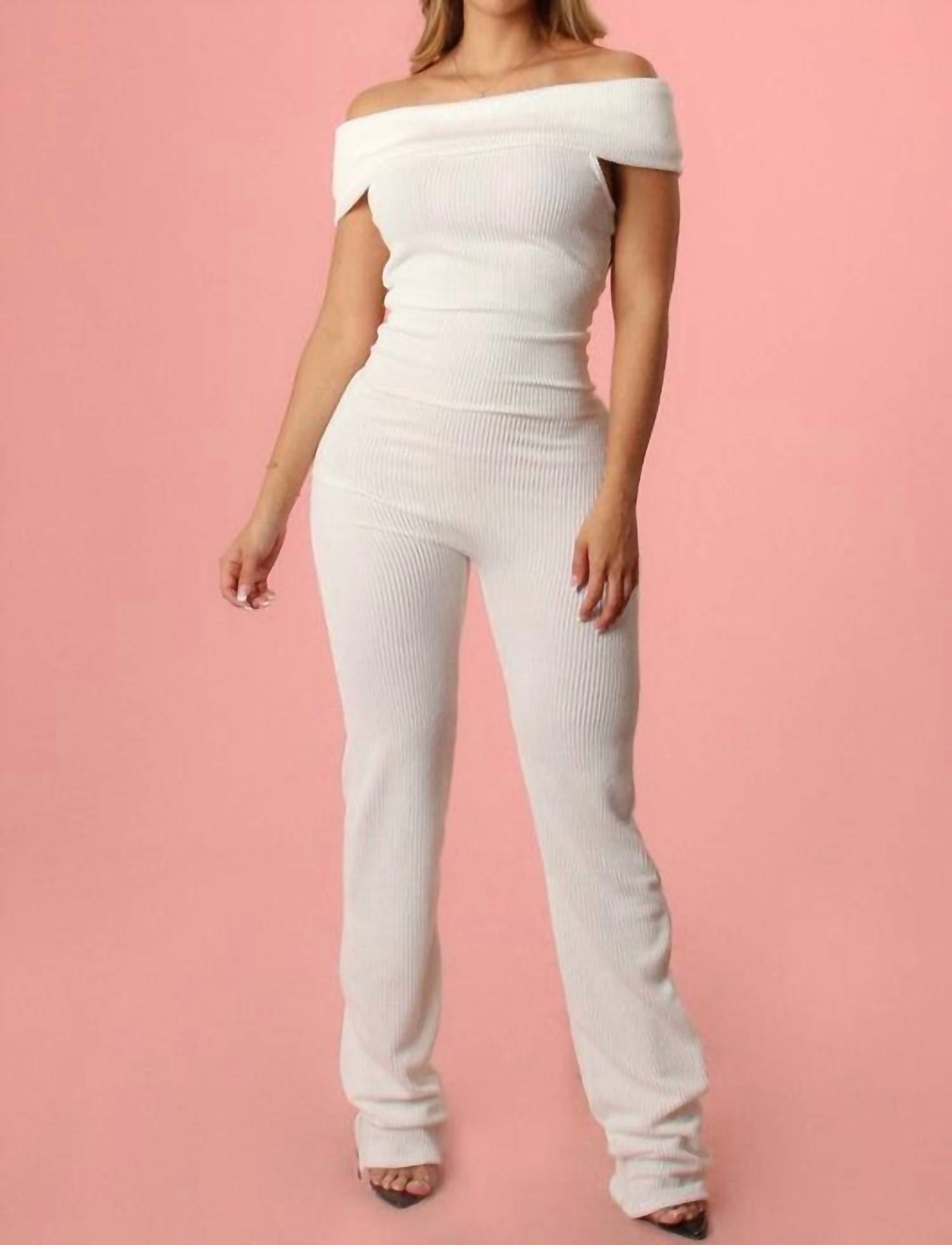 Yellow Cabbage - Ribbed Off Shoulder Jumpsuit