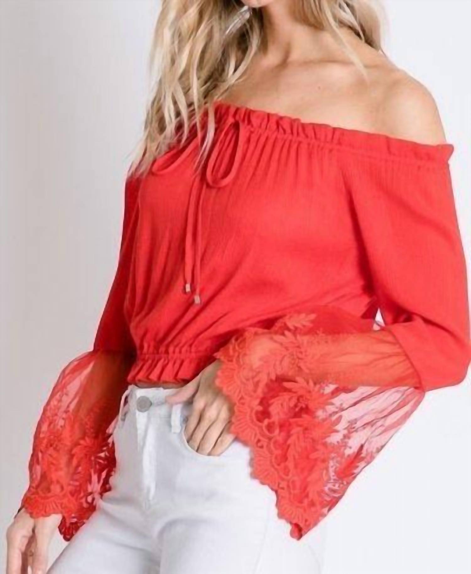 Davi & Dani - Off Shoulder With Sheer Lace Detailed Bell Sleeves Top